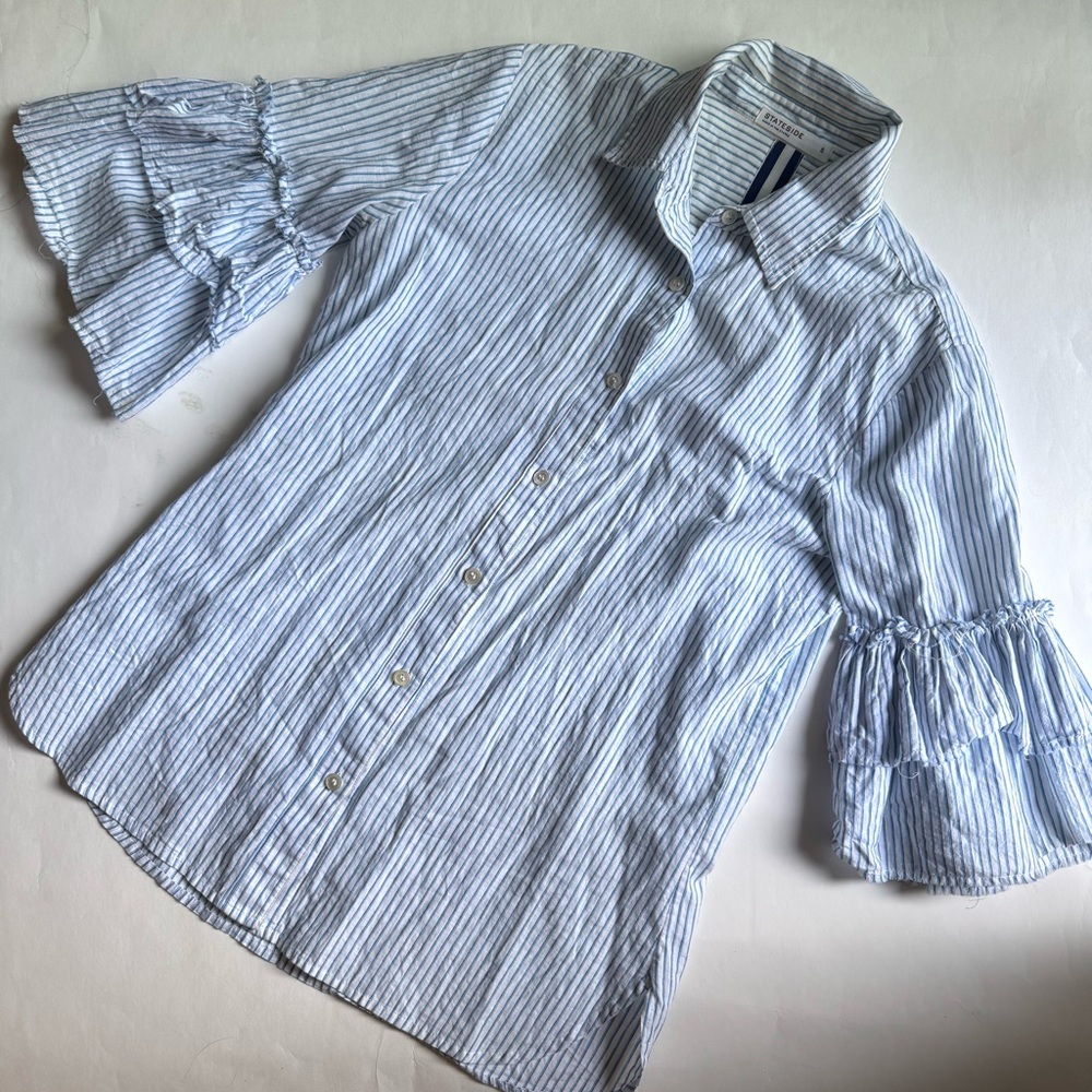 Stateside Blue Stripe Button Up Ruffle Sleeve Blouse